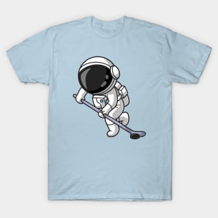Cute Astronaut Playing Hockey Cartoon T-Shirt